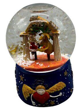 Dept 56 Christmas Snow Globe With Reindeer & Santa Blue Base Stars Angel READ